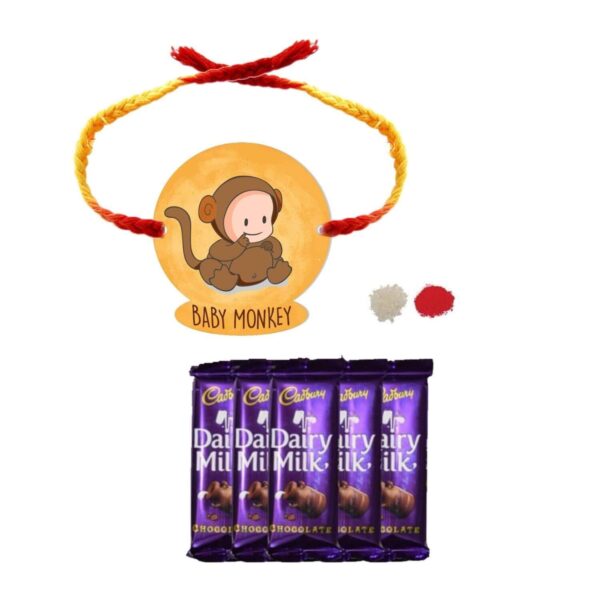 YaYa Cafe™ Rakhi Chocolates Gift Combo for Brother, Baby Monkey Rakhi with 5 Pcs Dairy Milk Chocolate Gift Combo Birthday