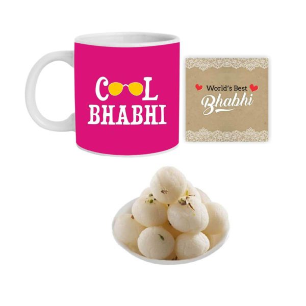 Yaya Cafe Rakhi Sweets Gift Combo for Bhabhi, Cool Bhabhi Hamper Set of 4 - Mug, Coaster, Rasgulla - 1 Kg, Printed Rakhi (No.1