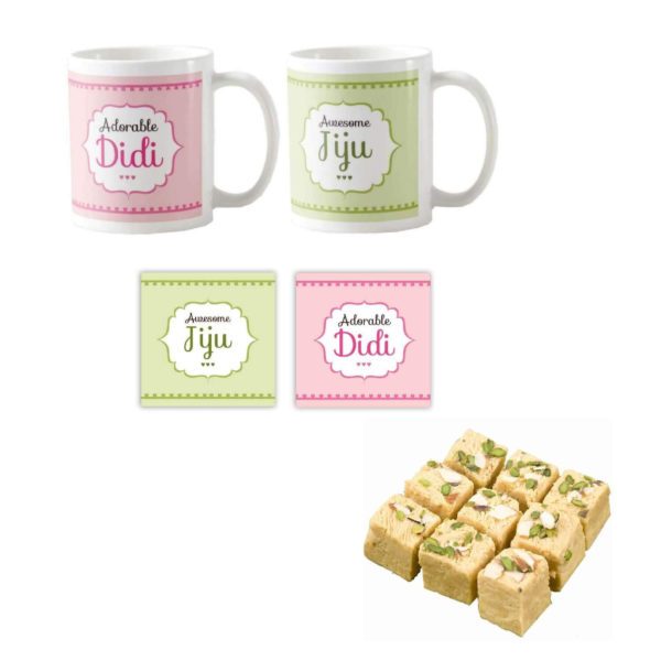 Yaya Cafe� Rakhi Sweets Gift Combo for Sister Didi Jiju, Awesome Jiju Adorable Didi Sister Didi Jiju Mug, Badam Patisa,