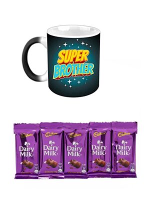 YaYa Cafe Rakhi Chocolates Gift Combo for Brother, Super Brother Mug, Coaster, Rakhi with 5 pcs Dairy Milk Chocolates, Tilak