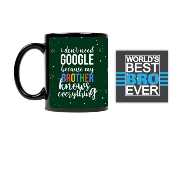 TheYaYaCafe Combo Set of 4 Google Brother Printed Ceramic Mug, Coaster, Cushion Cover with Rakhi (12X12 inches)