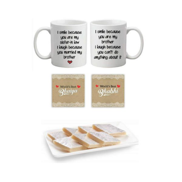 YaYa Cafe™ Birthday Rakhi Sweets Gift Combo for Brother Bhabhi, Funny Teasing I Smile I Laugh Bhaiya Bhabhi Couple Mugs,