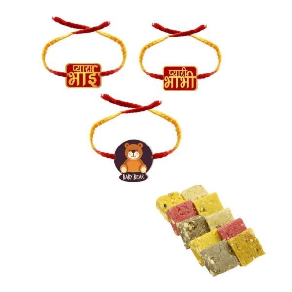 Yaya Cafe� Printed Rakhi Sweets Gift Combo for Brothers, Pyare Bhaiya Bhabhi Baby Bear Set of 3 Printed Rakhi, MEWA Bites,