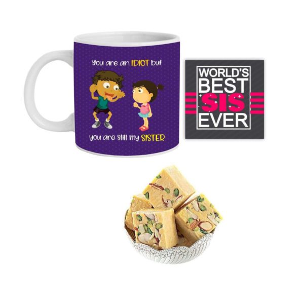 Yaya Cafe Rakhi Sweets Gift Combo for Sister, You are an Idiot But You are Still My Sister Hamper Set of 3 - Mug, Coaster, Badam