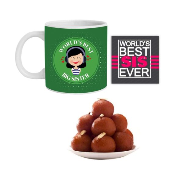 Yaya Cafe Rakhi Sweets Gift Combo for Sister, Worlds Best Big Sister Hamper Set of 3 - Mug, Coaster, Gulab Jamun - 1 Kg