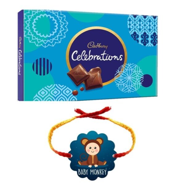YaYa Cafe Rakhi Gifts Combo for Brother Cadbury Celebrations Assorted Chocolate Gift Pack with Baby Monkey Printed Rakhi -
