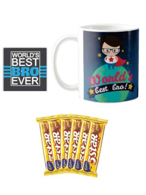 YaYa cafe™ Birthday Chocolates Gift Combo for Brother, Worlds Best Bro Mug, Coaster, 5 Star Chocolates 6 pcs, Gift Combo of