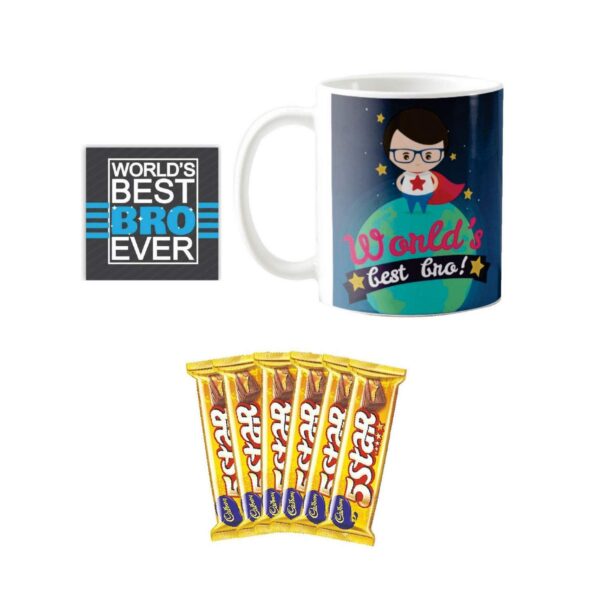 YaYa cafe™ Birthday Chocolates Gift Combo for Brother, Worlds Best Bro Mug, Coaster, 5 Star Chocolates 6 pcs, Gift Combo of