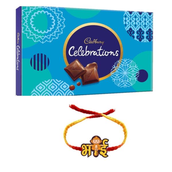 YaYa Cafe Rakhi Gifts Combo for Brother Cadbury Celebrations Assorted Chocolate Gift Pack with Bhai Printed Rakhi - 186.6g