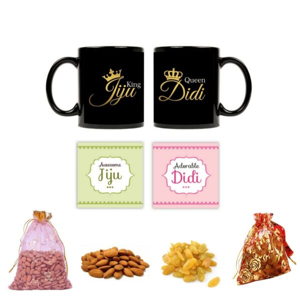 Yaya Cafe� Rakhi Dry Fruits Gift Combo for Sister Didi Jiju, King Jiju Queen Didi with Dry Fruit Set of 6 - Mug, Coaster,