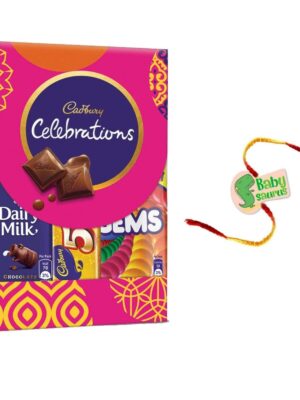 YaYa Cafe Rakhi Gifts Combo for Brother Cadbury Celebrations Assorted Chocolate Gift Pack with Baby Saurus Printed Rakhi - 64.2g