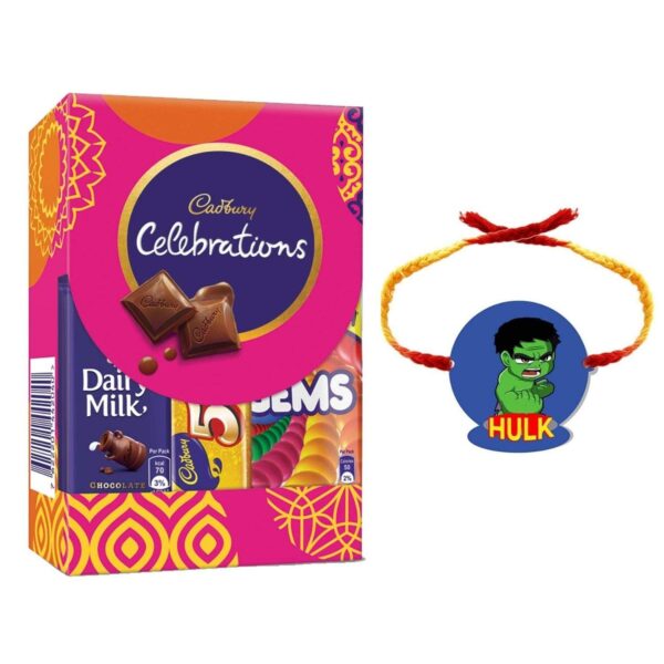 YaYa Cafe Rakhi Gifts Combo for Brother Cadbury Celebrations Assorted Chocolate Gift Pack with Hulk Printed Rakhi - 64.2g