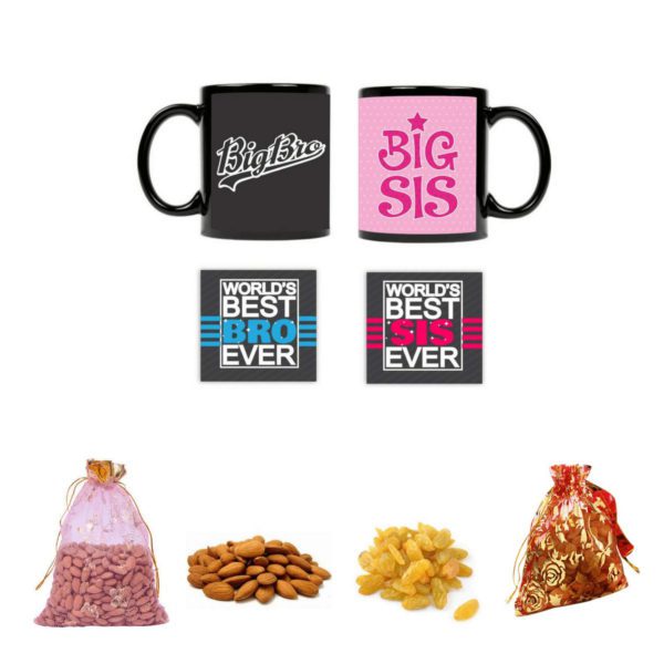 Yaya Cafe� Birthday Dry Fruits Gift Combo for Brother Sister, Big Bro Sis Set of 6 - Mug, Coaster, Almonds, Raisins Rakhi