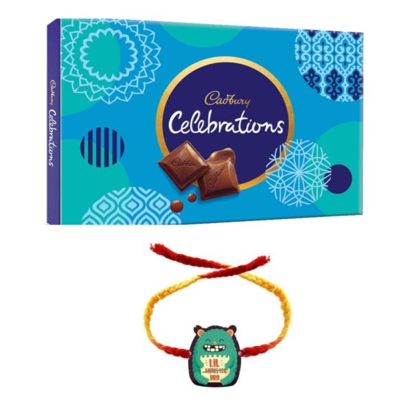 YaYa Cafe Rakhi Gifts Combo for Brother Cadbury Celebrations Assorted Chocolate Gift Pack with Monster Bro Printed Rakhi -