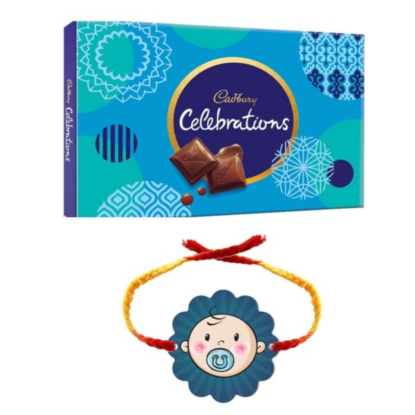 YaYa Cafe Rakhi Gifts Combo for Brother Cadbury Celebrations Assorted Chocolate Gift Pack with Cute Baby Boy Printed Rakhi -