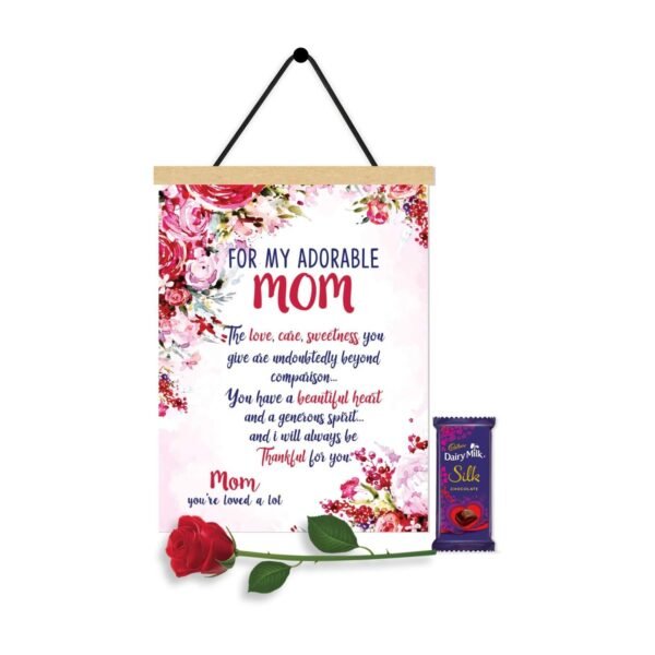 TheYaYaCafe Birthday Gifts for Mom, 1 Scroll Greeting Card, 1 Dairy Milk Silk (60g) with 1 Artificial Red Rose Hamper - Adorable