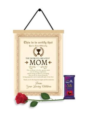 TheYaYaCafe Birthday Gifts for Mom, 1 Scroll Greeting Card, 1 Dairy Milk Silk (60g) with 1 Artificial Red Rose Hamper - Adorable