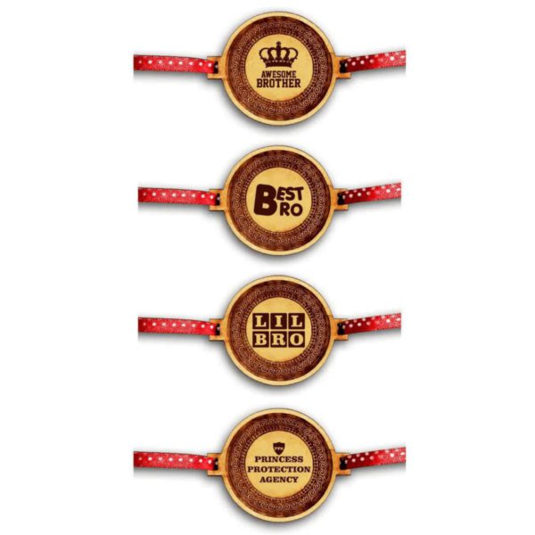 Awesome Brother ,Best Bro ,Lil Bro & Princess Protection Agency Engraved Rakhi Combo - Set of 4