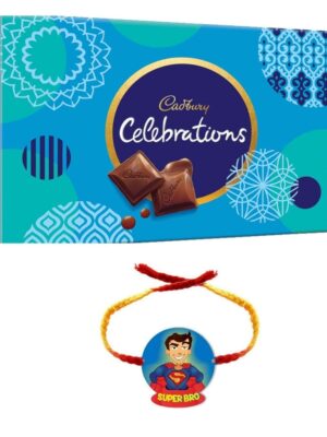 YaYa Cafe Rakhi Gifts Combo for Brother Cadbury Celebrations Assorted Chocolate Gift Pack with Super Bro Printed Rakhi - 186.6g