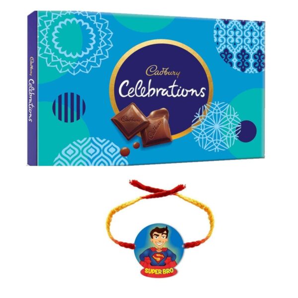 YaYa Cafe Rakhi Gifts Combo for Brother Cadbury Celebrations Assorted Chocolate Gift Pack with Super Bro Printed Rakhi - 186.6g
