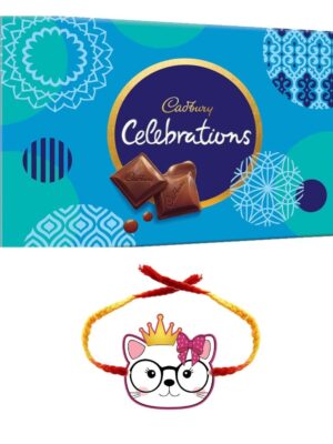 YaYa Cafe Rakhi Gifts Combo for Brother Cadbury Celebrations Assorted Chocolate Gift Pack with Kitty Printed Rakhi - 186.6g