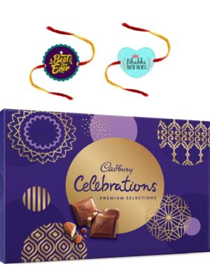 YaYa Cafe Rakhi Gifts Combo Cadbury Celebrations Assorted Chocolate Gift Pack with 2 Printed Rakhi for Bhaiya Bhabhi - 281 g