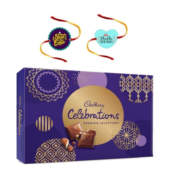 YaYa Cafe Rakhi Gifts Combo Cadbury Celebrations Assorted Chocolate Gift Pack with 2 Printed Rakhi for Bhaiya Bhabhi - 281 g