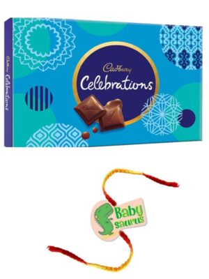 YaYa Cafe Rakhi Gifts Combo for Brother Cadbury Celebrations Assorted Chocolate Gift Pack with Baby Saurus Printed Rakhi -