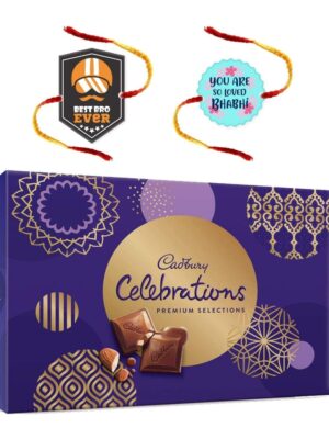 YaYa Cafe Rakhi Gifts Combo Cadbury Celebrations Assorted Chocolate Gift Pack with 2 Printed Rakhi for Bhaiya Bhabhi - 281 g