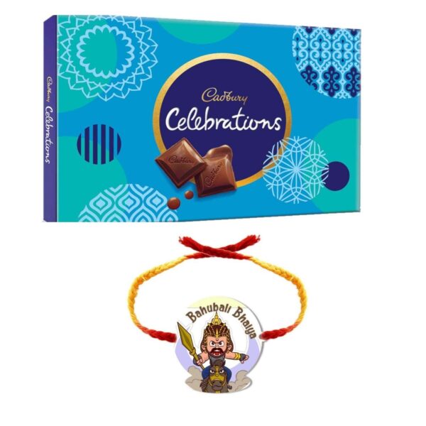 YaYa Cafe Rakhi Gifts Combo for Brother Cadbury Celebrations Assorted Chocolate Gift Pack with Bahubali Bhaiya Printed Rakhi -