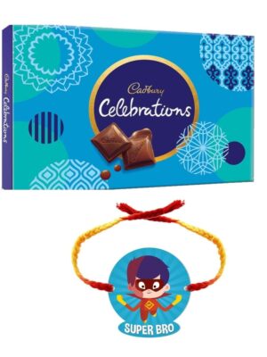 YaYa Cafe Rakhi Gifts Combo for Brother Cadbury Celebrations Assorted Chocolate Gift Pack with Super Bro Printed Rakhi - 186.6g