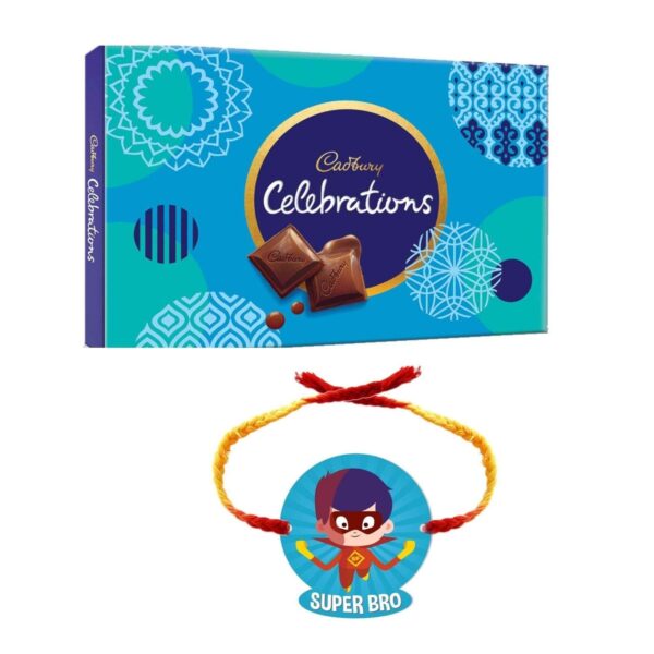YaYa Cafe Rakhi Gifts Combo for Brother Cadbury Celebrations Assorted Chocolate Gift Pack with Super Bro Printed Rakhi - 186.6g