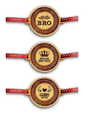 Moustache Bro , Awesome Brother , & Gabru Brother Engraved Rakhi for Brother Combo- Set of 3