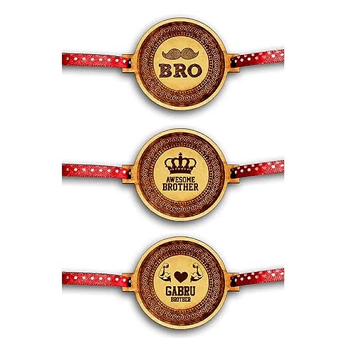 Moustache Bro , Awesome Brother , & Gabru Brother Engraved Rakhi for Brother Combo- Set of 3