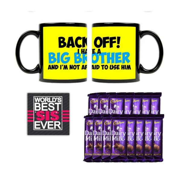 YaYa Cafe™ Birthday Chocolates Gift Combo for Sister, Back Off I Have a Big Brother Mug, Coaster, 5 Dairy Milk Chocolates for