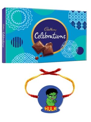 YaYa Cafe Rakhi Gifts Combo for Brother Cadbury Celebrations Assorted Chocolate Gift Pack with Hulk Printed Rakhi - 186.6g