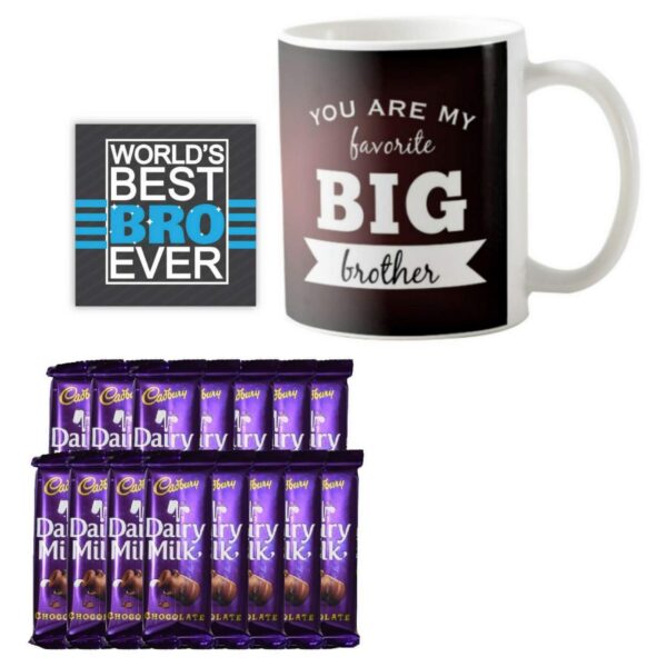 YaYa cafe™ Birthday Chocolates Gift Combo for Brother, Favorite Big Brother Mug, Coaster, 5 pcs Dairy Milk Chocolates, Gift