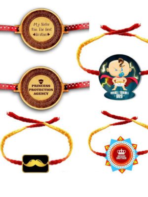 My Sister Has the Best Brother , Princess Protection Agency , Mostache , Double Trouble Bro & Awesome Bro Family Rakhi Combo of 5