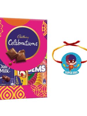 YaYa Cafe Rakhi Gifts Combo for Brother Cadbury Celebrations Assorted Chocolate Gift Pack with Super Bro Printed Rakhi - 64.2g