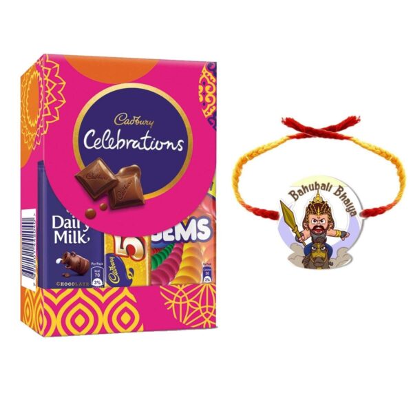 YaYa Cafe Rakhi Gifts Combo for Brother Cadbury Celebrations Assorted Chocolate Gift Pack with Bahubali Bhaiya Printed Rakhi -