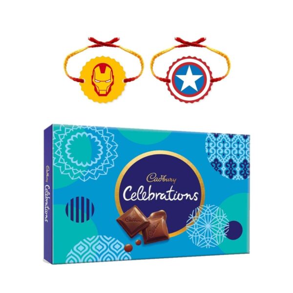 YaYa Cafe Rakhi Gifts Combo for Brother Cadbury Celebrations Assorted Chocolate Gift Pack with Avengers Printed Rakhi - 186.6g