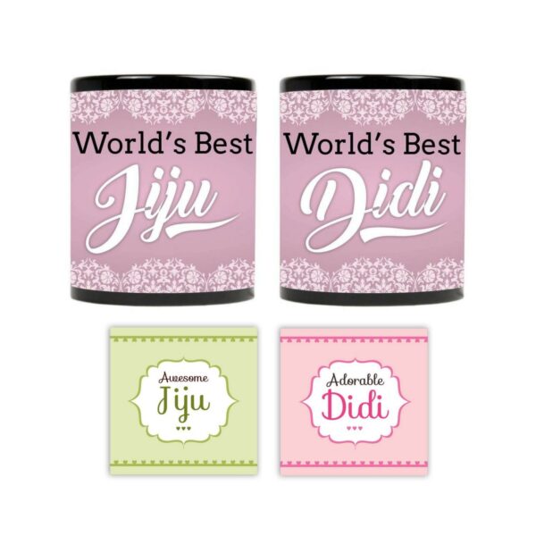 YaYa Cafe Rakhi Gifts for Sister Didi Jiju, Worlds Best Didi Jiju Couple Mugs, Coasters Set of 4