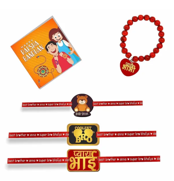 Pyara Bhai , Pyari Bhabhi , Coolest Bro & Baby Bear Family Rakhi Combo Pack of 4