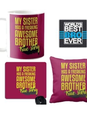 TheYaYaCafe Yaya Cafe Birthday Gifts Combo for Brother, Awesome Brother Mug, Coaster, Mousepad, Cushion Cover, Set of 4