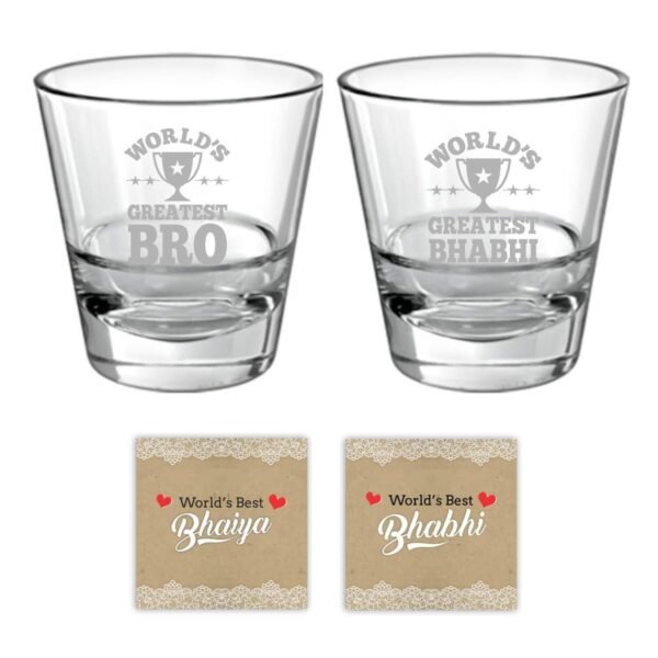 TheYaYaCafe Worlds Greatest Brother Bhabhi Couple Whiskey Glasses - 325 ml, Coasters - Set of 4