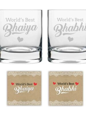 TheYaYaCafe Yaya Cafe Anniversary for Brother and Bhabhi Combo Whiskey Glasses Worlds Best Bhaiya Bhabhi Coasters Set of 4