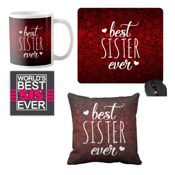 Best Sister Ever Gift Hamper Set of 4 -  Mug, Coaster, cushion cover , mouse pad