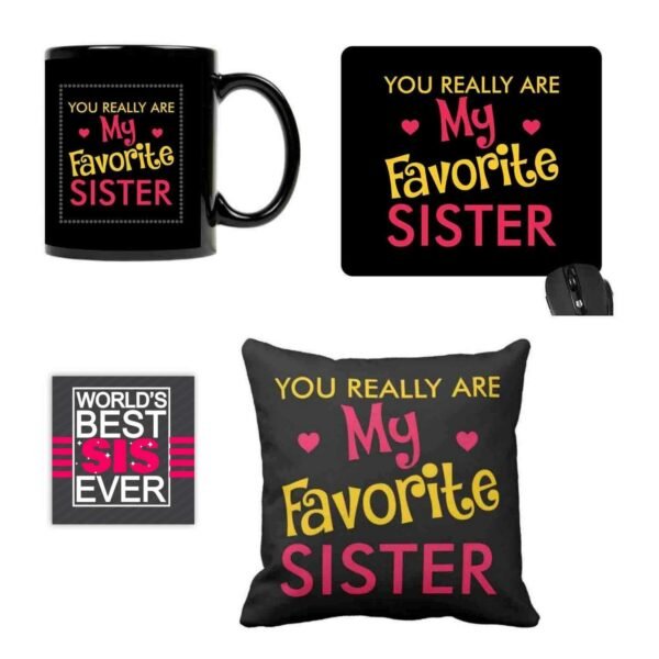 TheYaYaCafe Ceramic Birthday Bhaidooj Favourite Sister Gift Hamper Combo for Sister (Mug, Mousepad, Coaster) - Set of 3