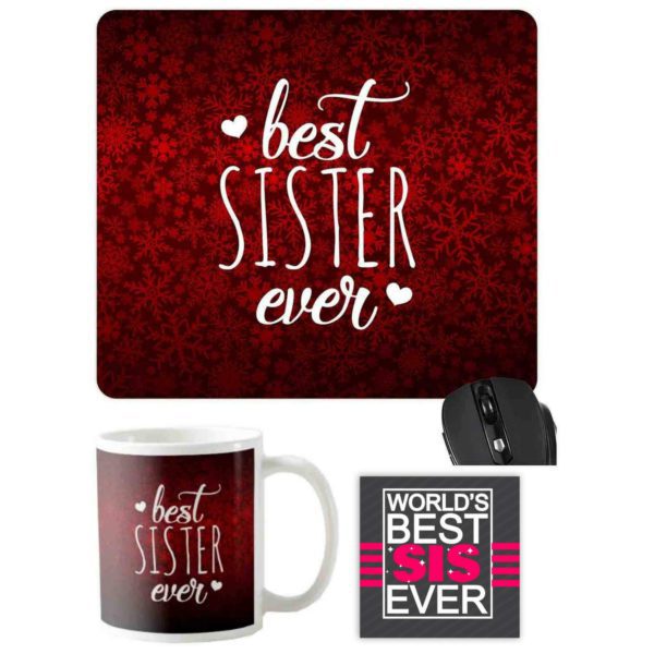 Best Sister Ever Gift Hamper Set of 4 -  Mug, Coaster, cushion cover , mouse pad