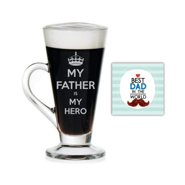 TheYaYaCafe Yaya Cafe Birthday Gifts for Father My Father is My Hero Engraved Glass Tea, Coffee Mug Cup with Coaster